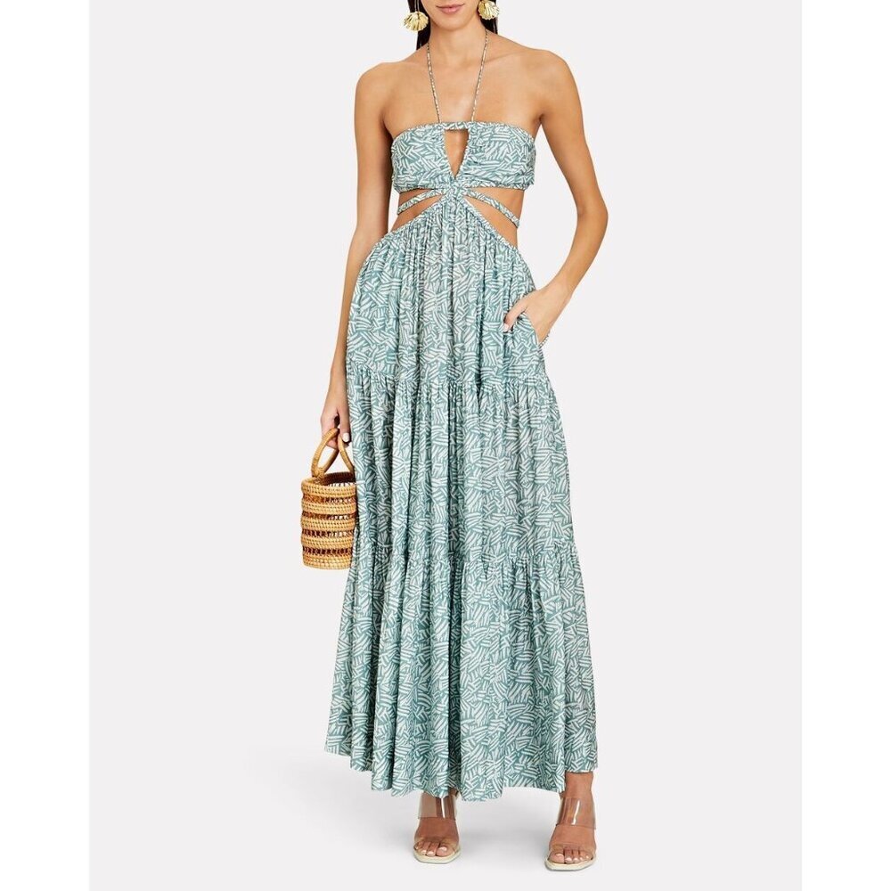 Jonathan Simkhai Mint Green Leaf-Print Strapless Maxi Dress